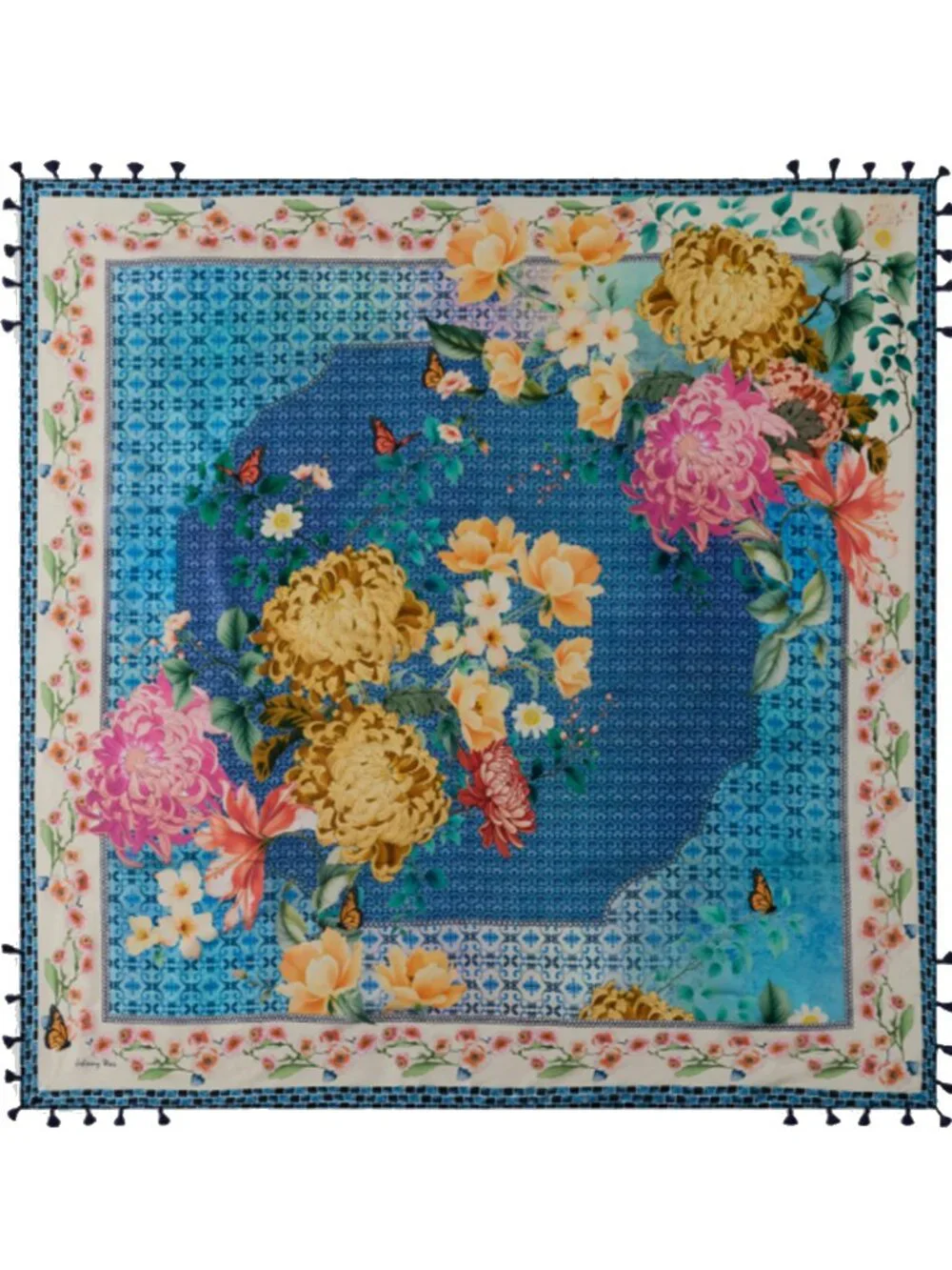 Johnny Was Ballardi Silk Scarf Large Floral Square Pink Flowers Blue Tassels NEW